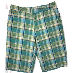 Caribbean Joe Blue Teal Green Plaid Flat Front Cotton Blend Womens Shorts Size 8